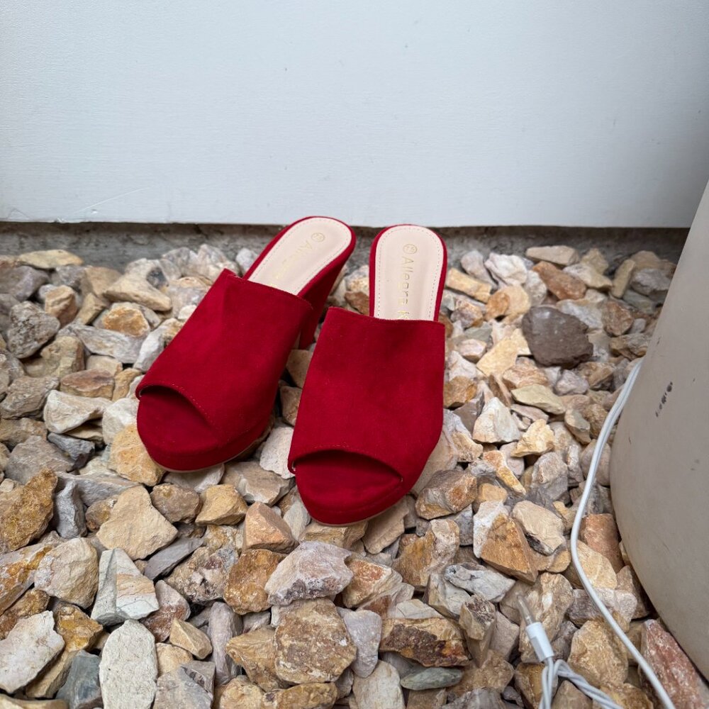 New Allegra K Women's Red Open Toe Platform Chunky Heel Slides Sandals - Picture 5 of 9